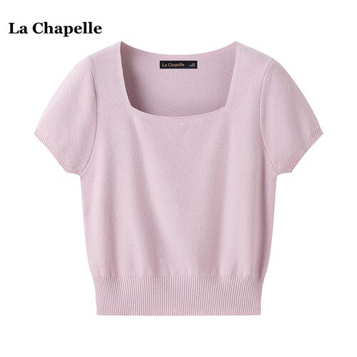 拉夏贝尔/La Chapelle纯色百搭方领短袖针织T恤女夏季薄款针织衫