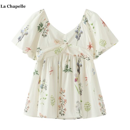 拉夏贝尔/La Chapelle法式V领碎花短袖衬衫女夏季甜美娃娃衫上衣