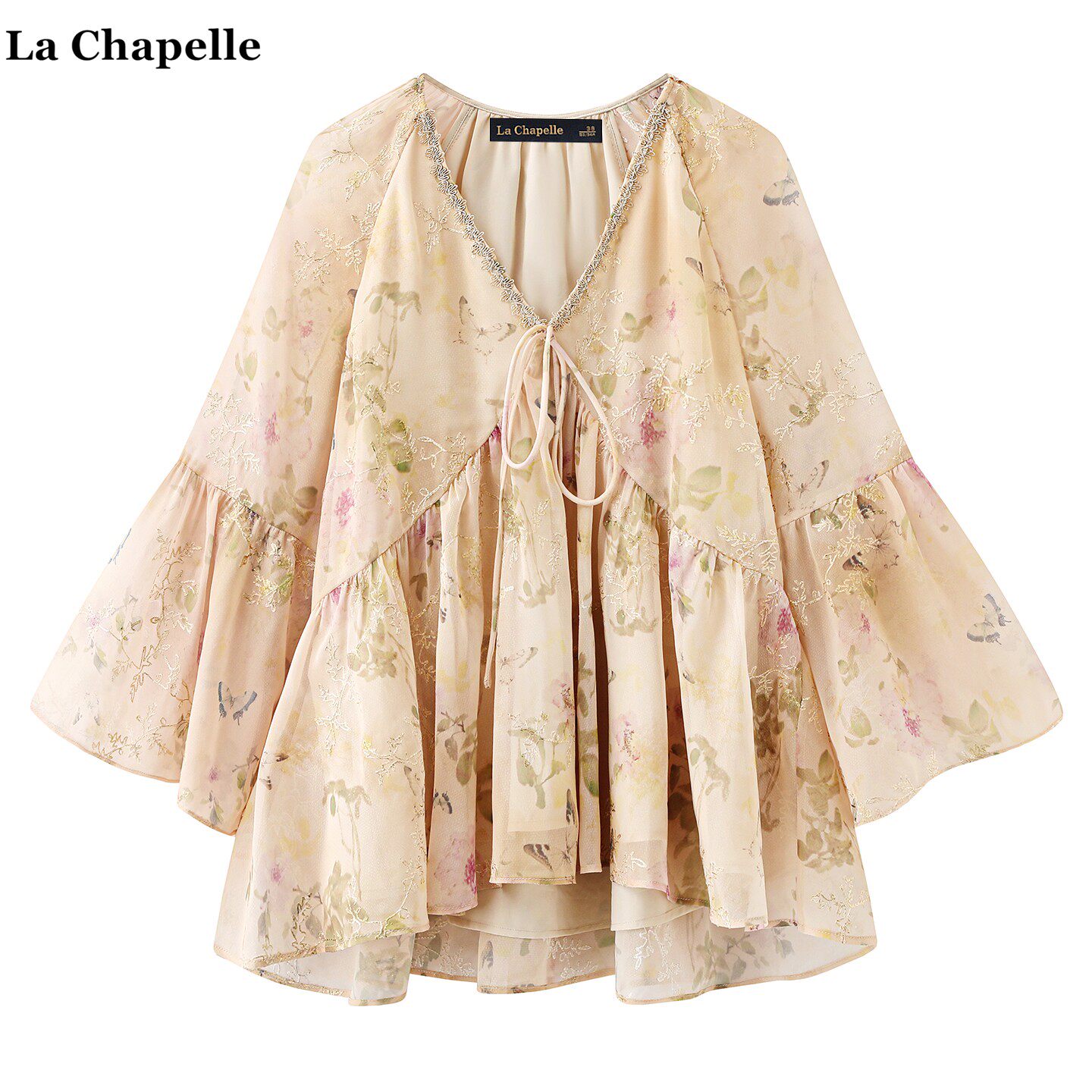 拉夏贝尔/La Chapelle法式度假风雪纺衬衫女夏季荷叶边娃娃衫上衣