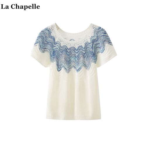 拉夏贝尔/La Chapelle设计感撞色波浪针织衫女夏新款法式镂空上衣