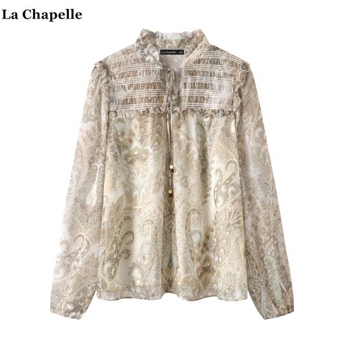 拉夏贝尔/La Chapelle复古碎花长袖衬衫女秋季新款木耳边气质衬衣