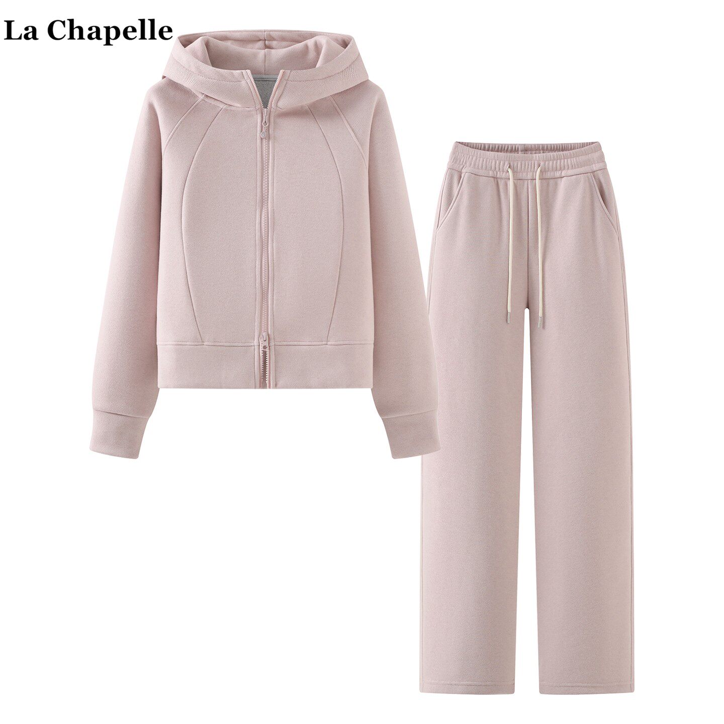 拉夏贝尔/La Chapelle慵懒风粉色连帽卫衣高腰阔腿裤休闲俩件套女,女装/女士精品,时尚套装,淘宝优惠券,粉丝福利购,淘宝优惠卷