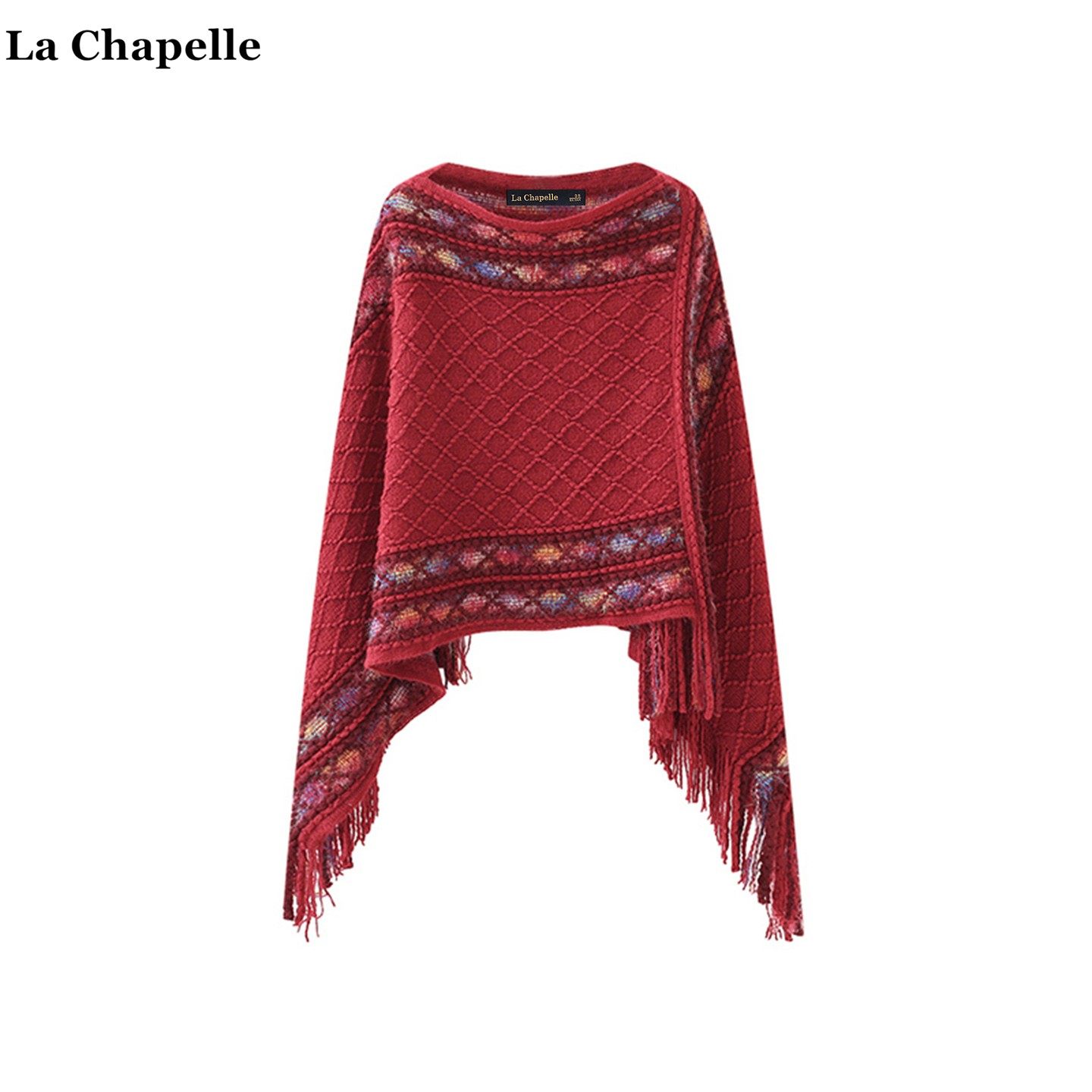 拉夏贝尔/La Chapelle民族风红色保暖披肩女套头百搭宽松罩衫围巾
