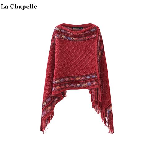 拉夏贝尔/La Chapelle民族风红色保暖披肩女套头百搭宽松罩衫围巾