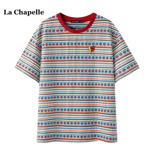 拉夏贝尔/La Chapelle条纹美式复古短袖T恤女春夏款设计小众上衣