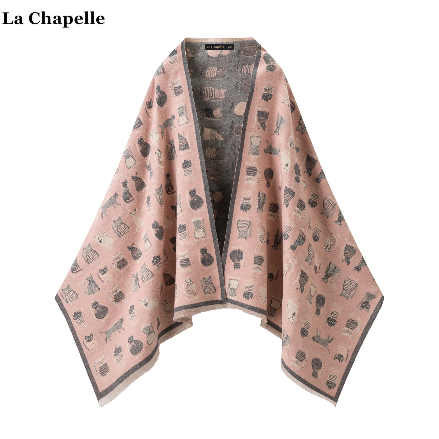 拉夏贝尔/La Chapelle学院风双面卡通印花保暖围巾女秋冬百搭披肩