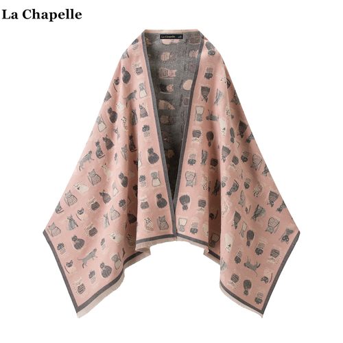 拉夏贝尔/La Chapelle学院风双面卡通印花保暖围巾女秋冬百搭披肩