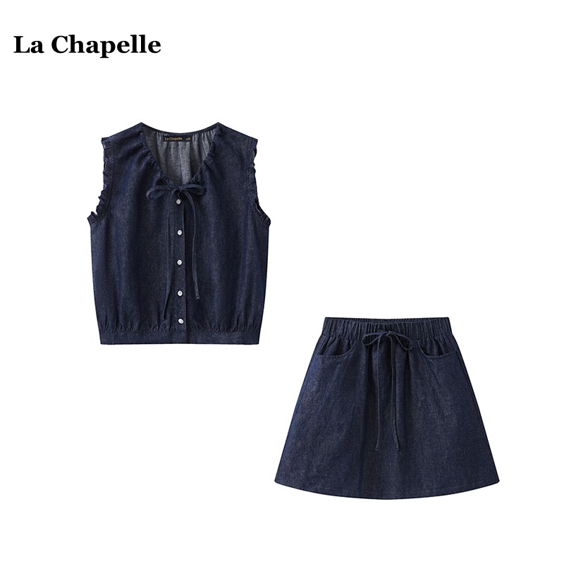 拉夏贝尔/La Chapelle韩系甜美系带衬衫牛仔短裙女夏季时尚俩件套