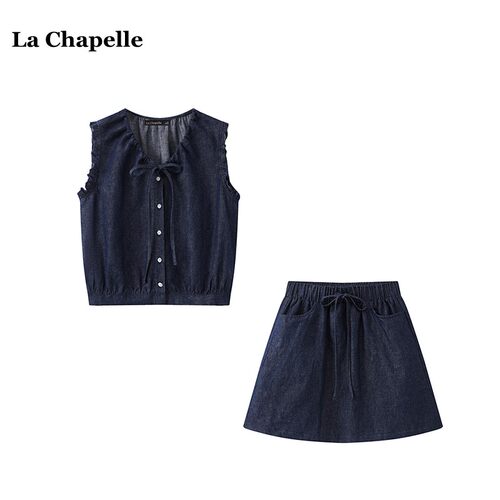拉夏贝尔/La Chapelle韩系甜美系带衬衫牛仔短裙女夏季时尚俩件套