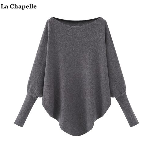 拉夏贝尔/La Chapelle韩系慵懒风一字领针织衫女秋冬款蝙蝠袖毛衣