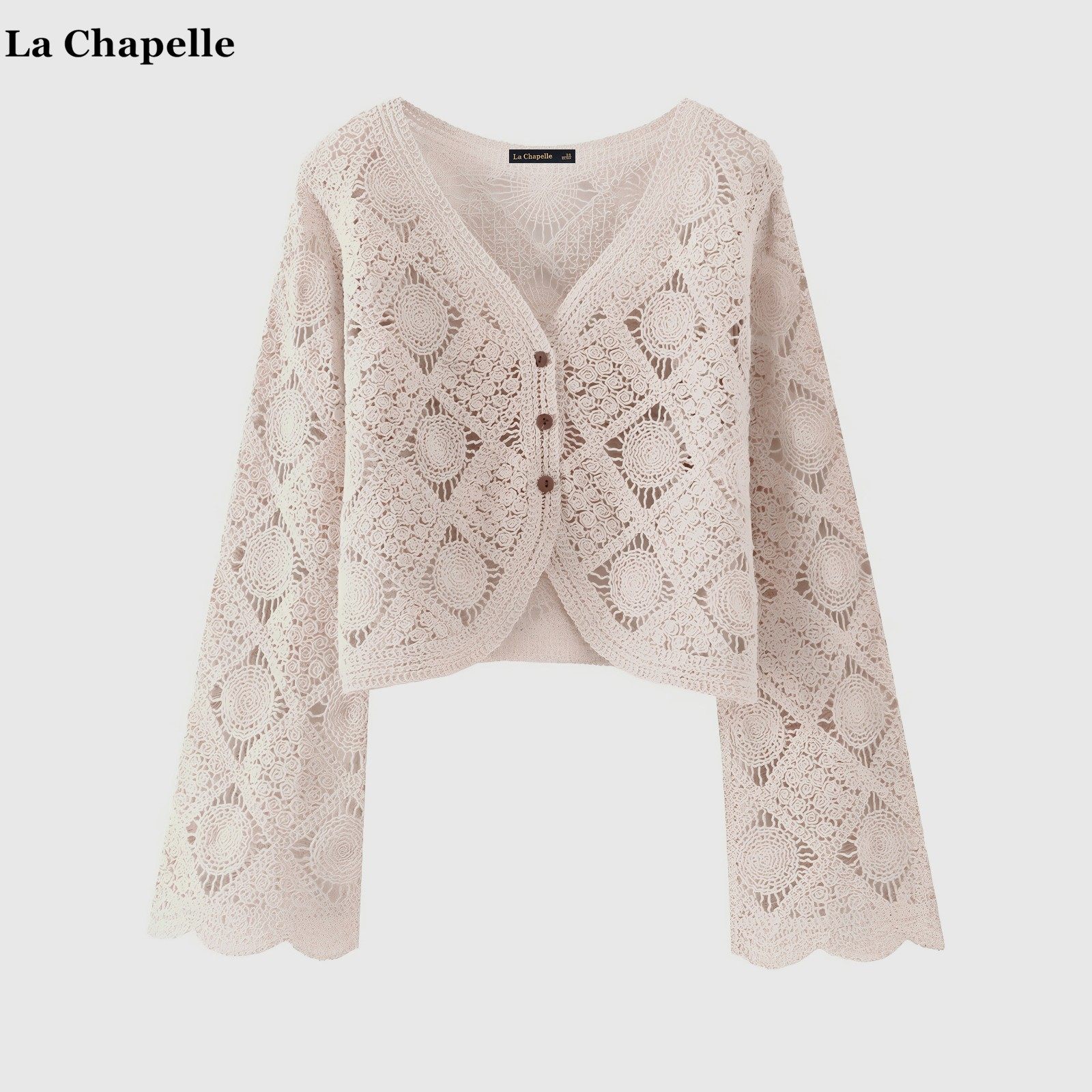 拉夏贝尔/La Chapelle法式V领镂空钩花针织开衫女春秋款外搭罩衫