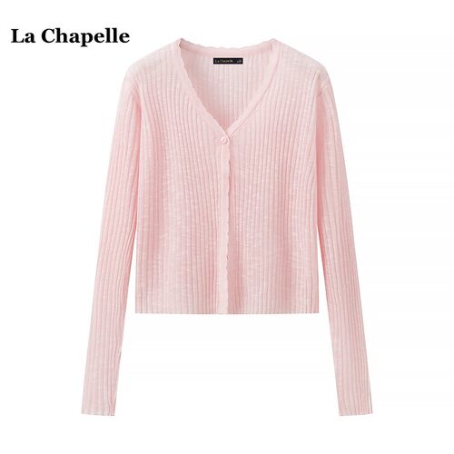 拉夏贝尔/La Chapelle夏季V领冰丝薄款防晒衫上衣薄款长袖针织衫