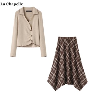 咖色格子半身裙套装 拉夏贝尔 不规则显瘦针织衫 Chapelle秋季 女