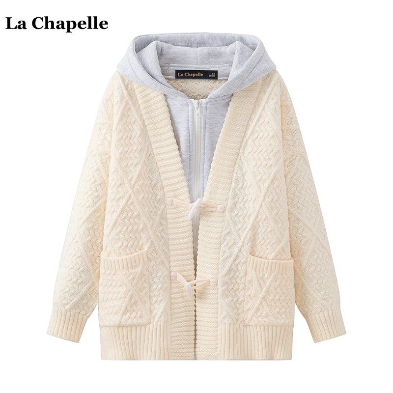 拉夏贝尔/La Chapelle秋冬新款假两件连帽针织开衫女宽松毛衣外套,女装/女士精品,毛针织衫,淘宝优惠券,粉丝福利购,淘宝优惠卷