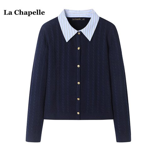 拉夏贝尔/La Chapelle秋冬新款设计感拼接假俩件针织衫女翻领上衣