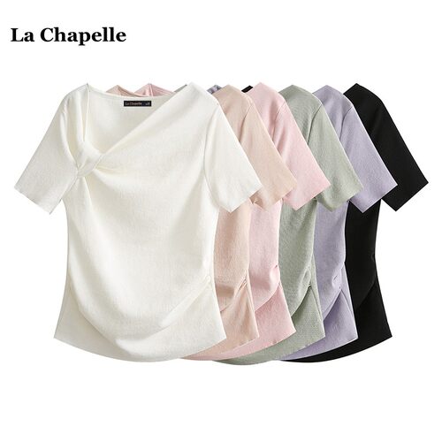 拉夏贝尔/La Chapelle设计感抽褶短袖针织衫女春夏季百搭纯色上衣