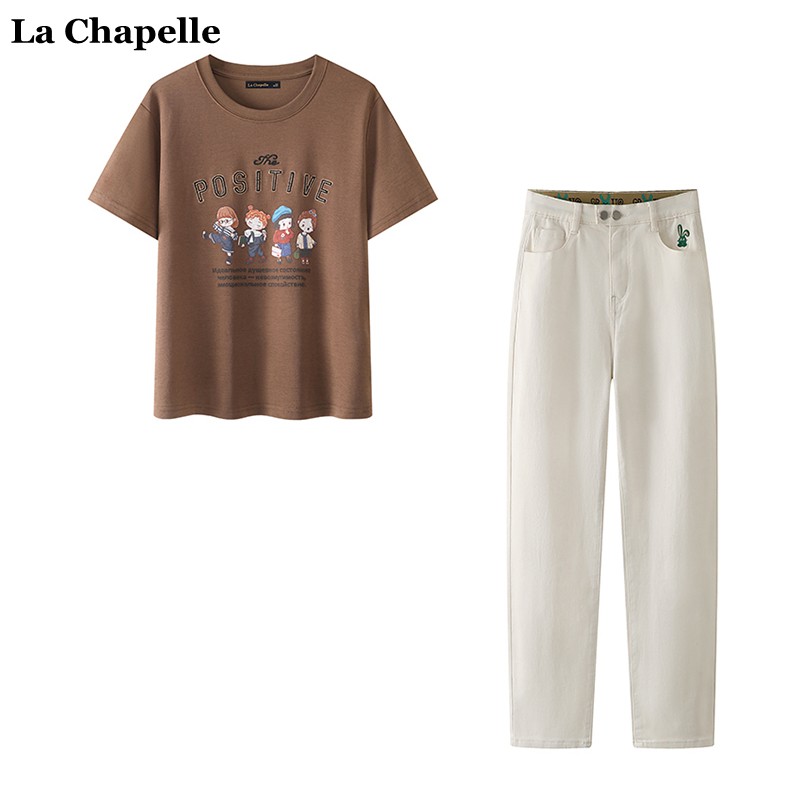 拉夏贝尔/La Chapelle2024春款字母卡通印花T恤直筒牛仔裤套装女