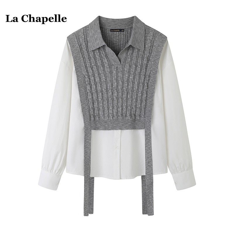 拉夏贝尔/La Chapelle秋季新款针织拼接假两件衬衫通勤百搭上衣女