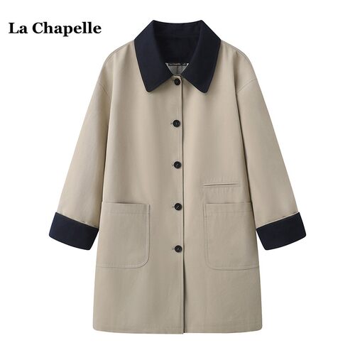 拉夏贝尔/La Chapelle巴恩风撞色中长款外套女春季新款小个子风衣