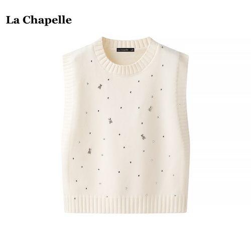拉夏贝尔/La Chapelle秋冬小熊烫钻针织马甲女小个子外搭毛衣背心