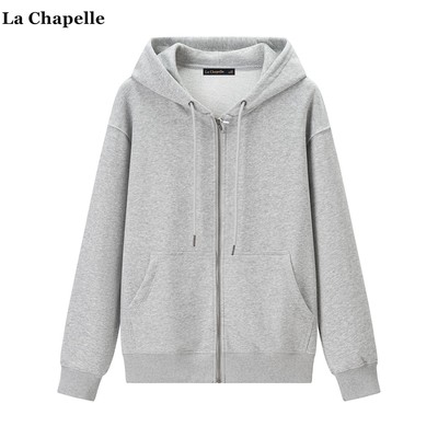 拉夏贝尔/La Chapelle灰色连帽bm卫衣女秋季新款宽松拉链开衫上衣