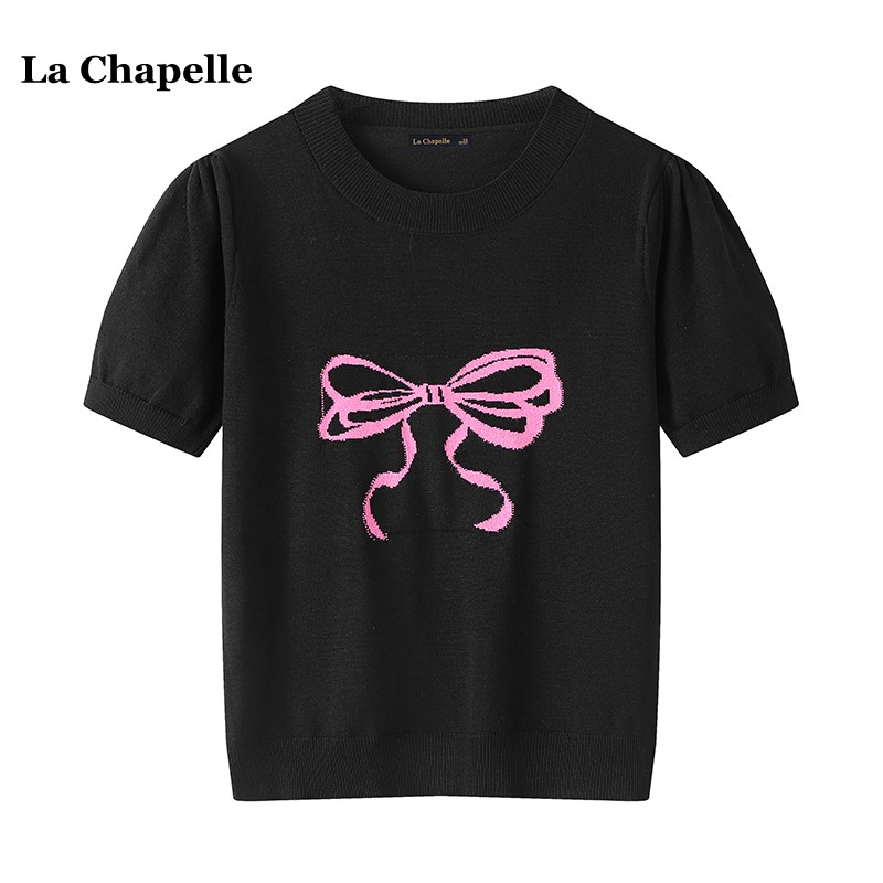 拉夏贝尔/La Chapelle夏季新款甜美蝴蝶结修身薄款短袖针织衫上衣