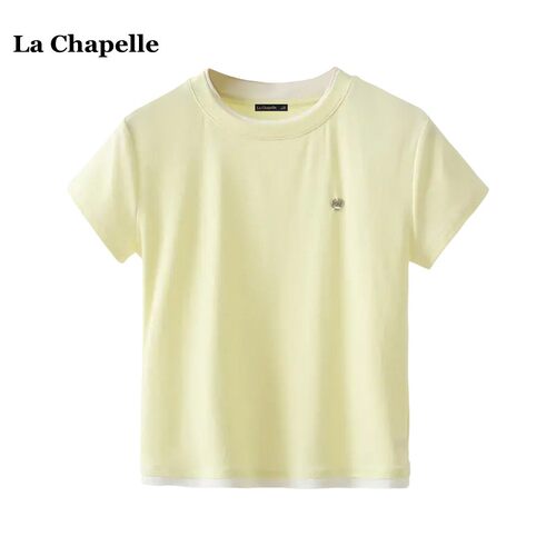 拉夏贝尔/La Chapelle撞色假俩件短袖T恤女夏季韩版宽松显瘦上衣