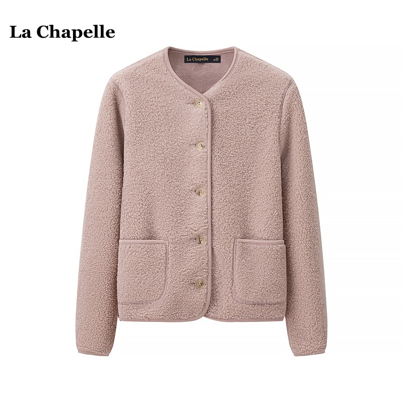 拉夏贝尔/La Chapelle摇粒绒加绒加厚保暖外套女秋冬新款圆领开衫