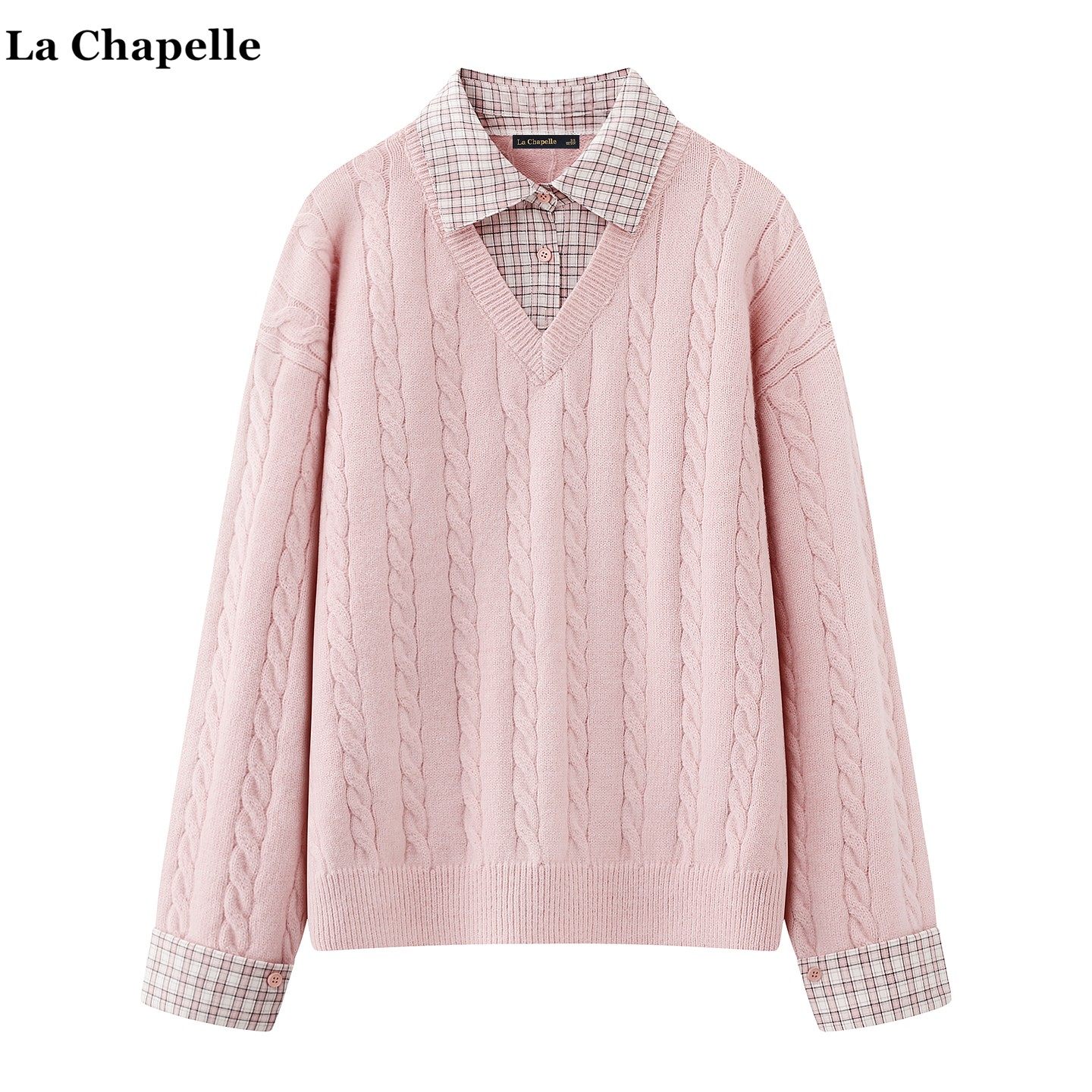 拉夏贝尔/La Chapelle法式粉色衬衫拼接麻花毛衣女温柔长袖针织衫