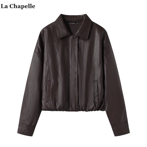 拉夏贝尔/La Chapelle复古美拉德咖色皮衣女秋季新款pu皮夹克外套