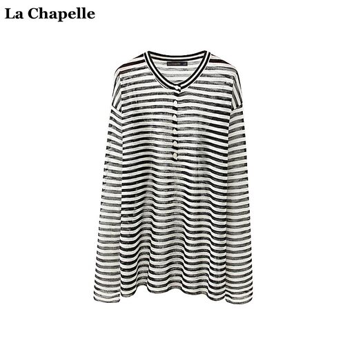 拉夏贝尔/La Chapelle复古条纹圆领长袖T恤女夏季休闲风百搭上衣