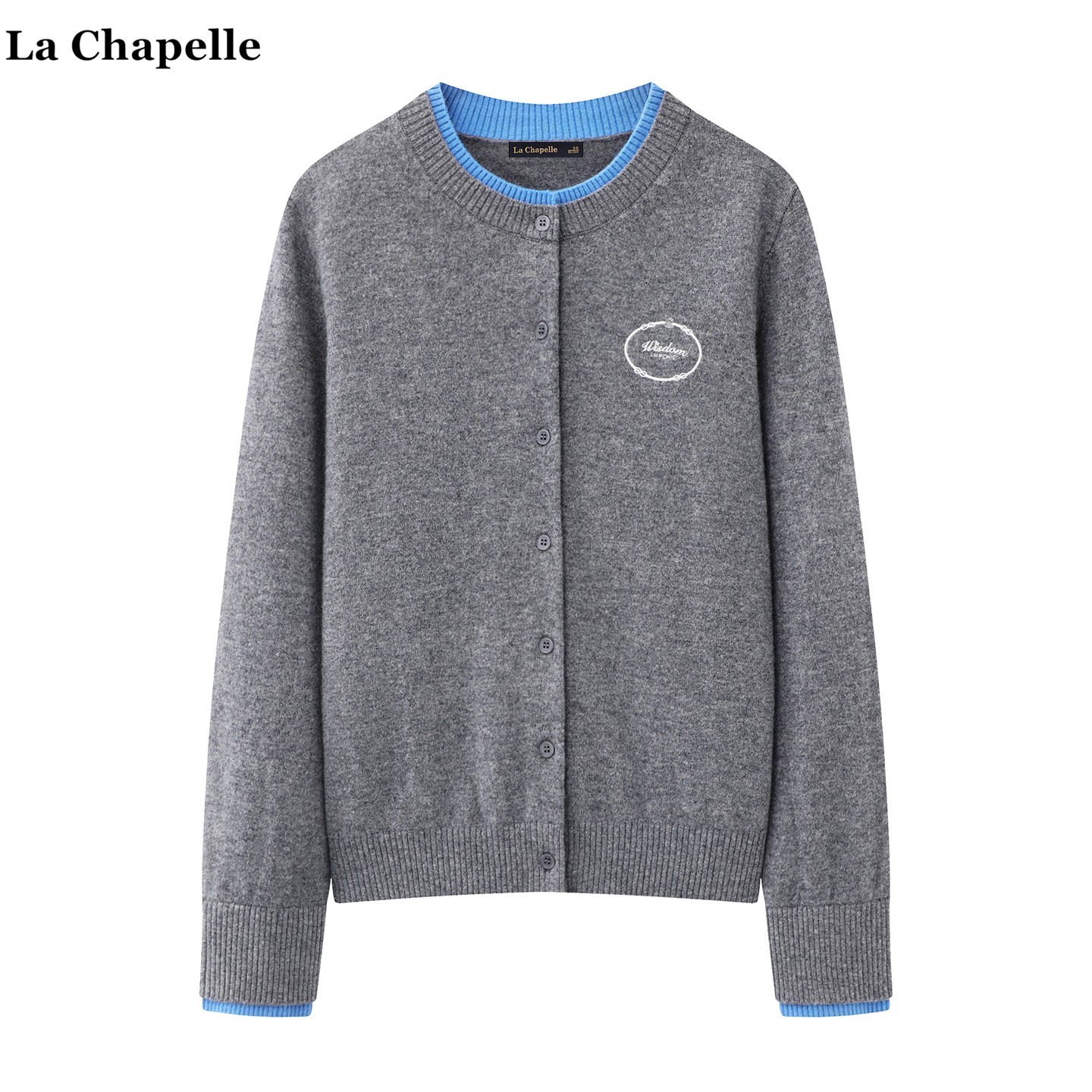 拉夏贝尔/La Chapelle灰色假两件针织开衫女秋冬新款圆领毛衣上衣