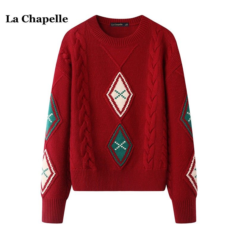 拉夏贝尔/La Chapelle复古菱格麻花红色毛衣女秋冬宽松圆领针织衫