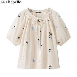 甜美短袖 拉夏贝尔 女夏季 上衣 Chapelle民族风刺绣花朵系带衬衫