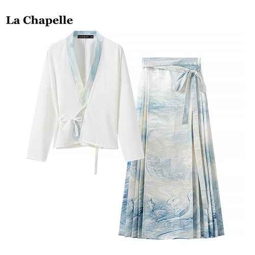 拉夏贝尔/La Chapelle夏季国风V领系带上衣百褶提花马面裙套装女