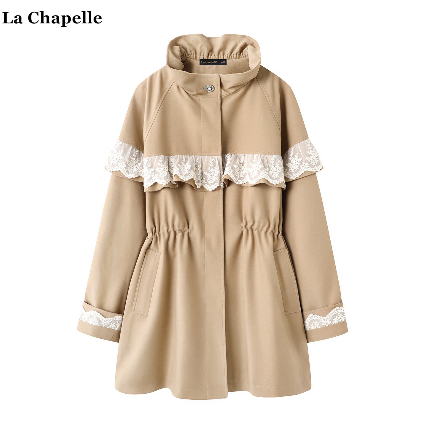 拉夏贝尔/La Chapelle卡其色蕾丝拼接风衣外套女秋季新款抽绳上衣