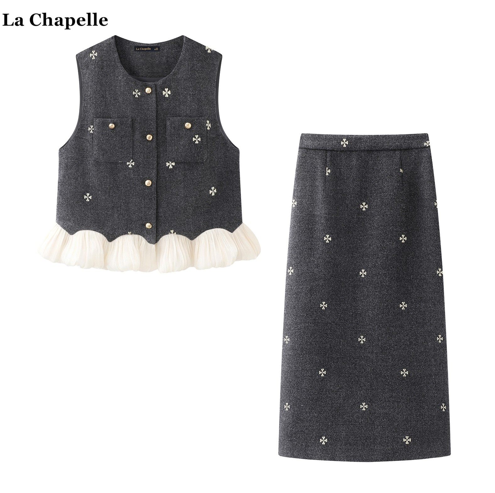 拉夏贝尔/La Chapelle千金风荷叶边刺绣毛呢马甲灰色半身裙套装女,女装/女士精品,时尚套装,淘宝优惠券,粉丝福利购,淘宝优惠卷