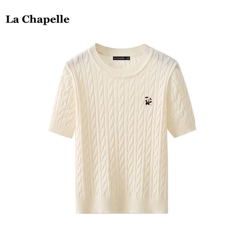 拉夏贝尔/La Chapelle麻花圆领刺绣短袖针织衫女夏季新款休闲上衣