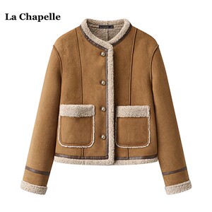 拉夏贝尔/La Chapelle秋冬季新款麂皮绒短款羊羔毛外套加厚上衣女