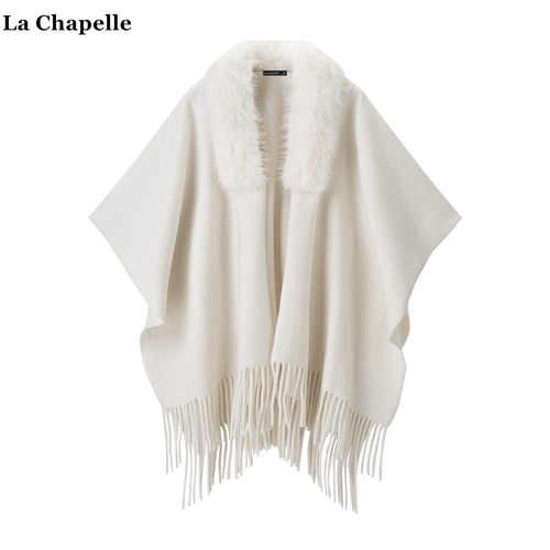 拉夏贝尔/La Chapelle名媛风气质外搭针织披肩女纯色毛领斗篷披风