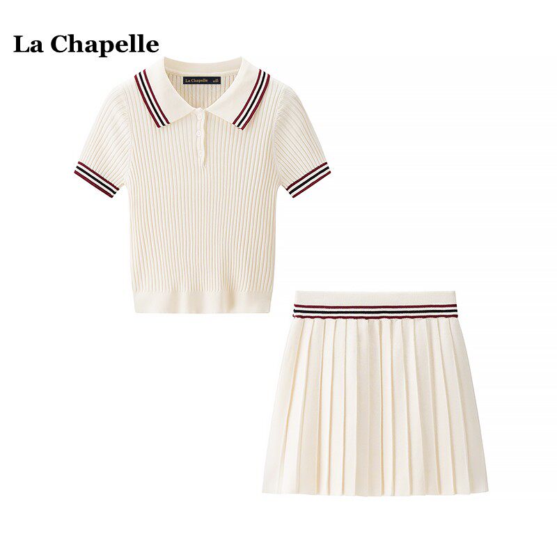 拉夏贝尔/La Chapelle夏季新款撞色针织衫半身裙学院风减龄套装女