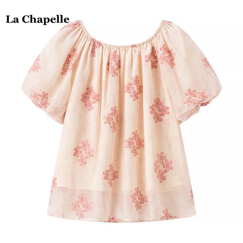 拉夏贝尔/La Chapelle夏季法式一字肩雪纺衬衫花朵刺绣短袖上衣女