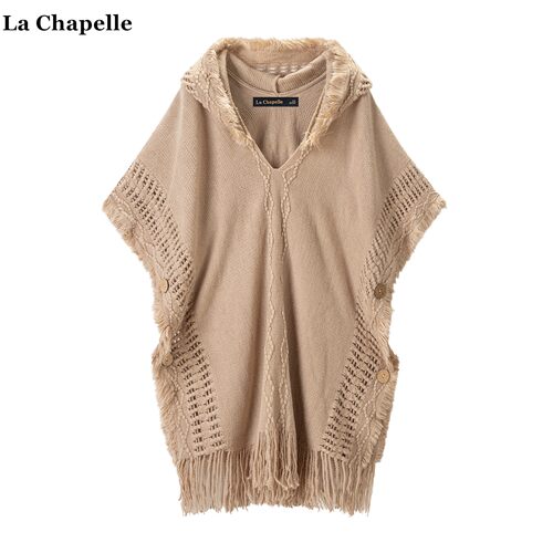 拉夏贝尔/La Chapelle纯色连帽斗篷披肩女旅游外搭镂空针织衫披风