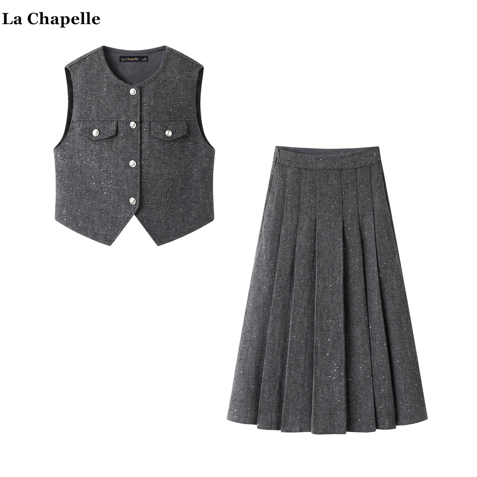 拉夏贝尔/La Chapelle小香风亮片马甲高腰百褶半身裙miu系套装女,女装/女士精品,时尚套装,淘宝优惠券,粉丝福利购,淘宝优惠卷