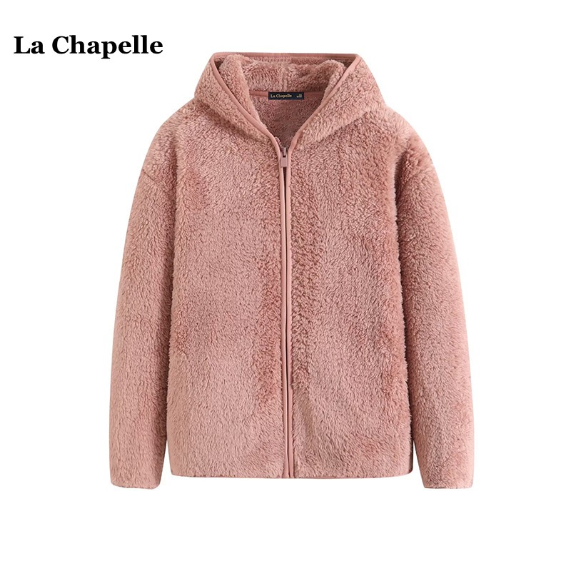 拉夏贝尔/La Chapelle摇粒绒连帽外套女冬季新款保暖拉链长绒开衫