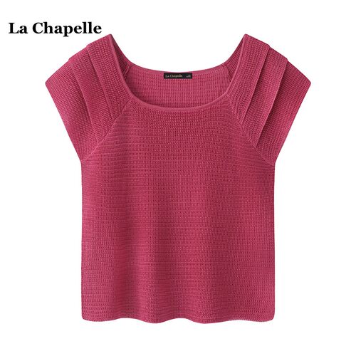 拉夏贝尔/La Chapelle镂空U领短袖针织衫女夏季薄款宽松纯色上衣