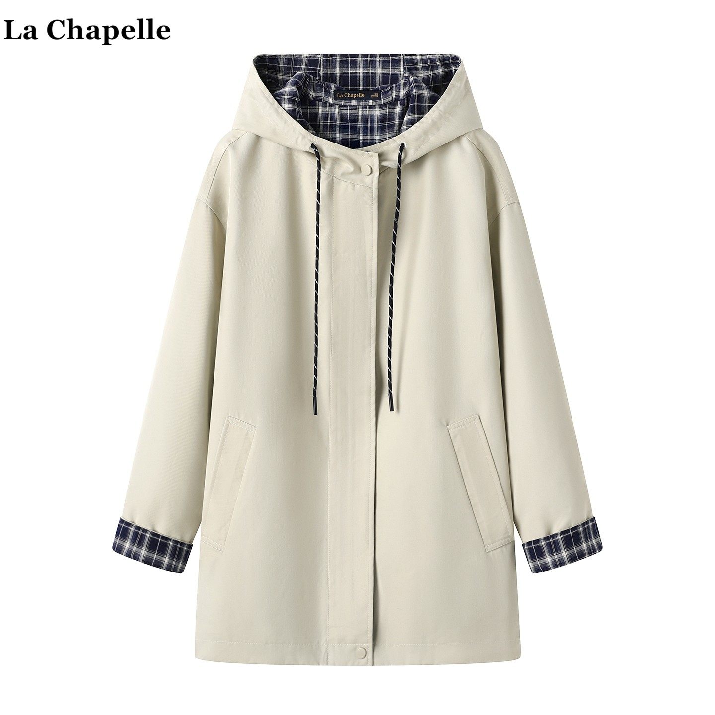 拉夏贝尔/La Chapelle撞色格纹连帽风衣外套女春秋新款高级感外套