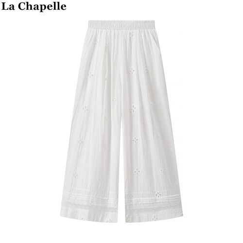 拉夏贝尔/La Chapelle蕾丝拼接镂空阔腿裤女夏季新款直筒休闲裤子