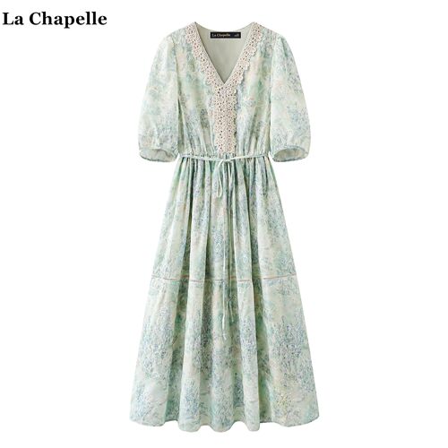 拉夏贝尔/La Chapelle波西米亚碎花连衣裙女夏季新款蕾丝v领长裙