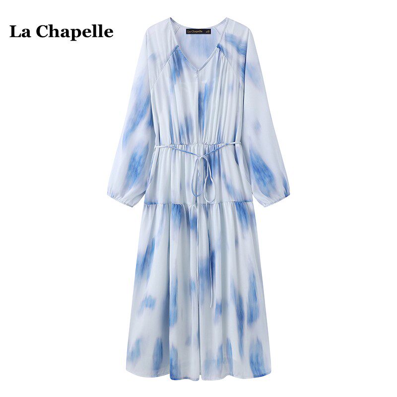 拉夏贝尔/La Chapelle晕染印花长袖连衣裙女春季度假风长裙雪纺裙